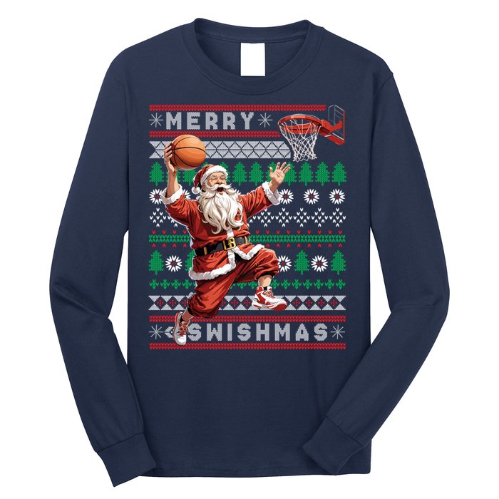 Merry Swishmas Ugly Christmas Basketball Christmas Long Sleeve Shirt