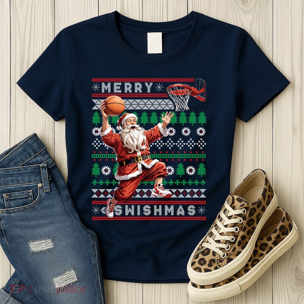 Merry Swishmas Ugly Christmas Basketball Christmas Womens T-Shirt