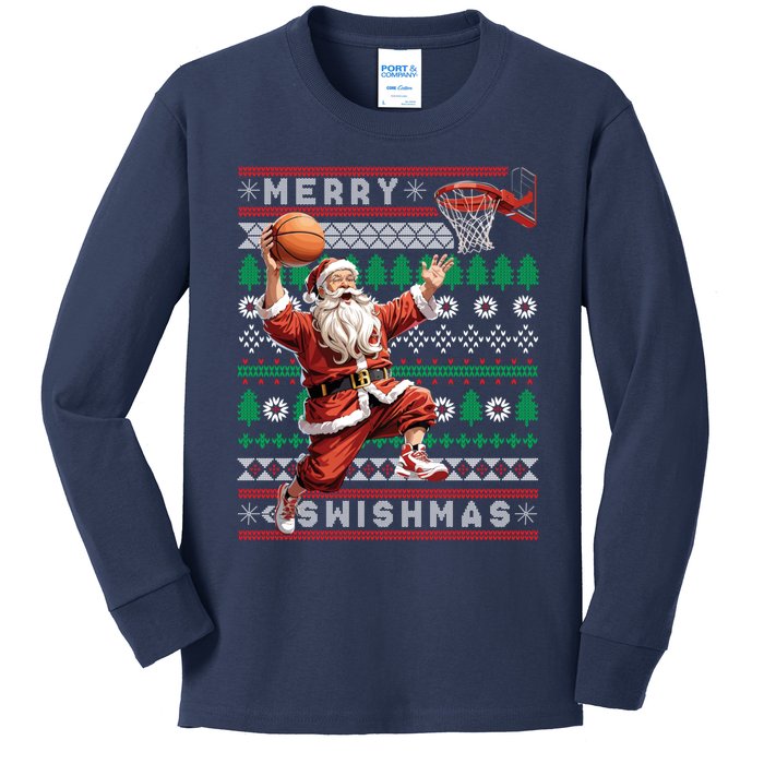 Merry Swishmas Ugly Christmas Basketball Christmas Kids Long Sleeve Shirt