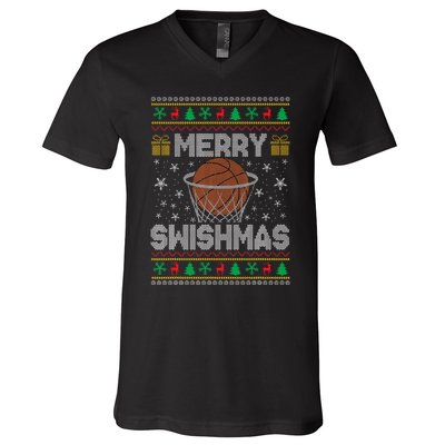 Merry Swishmas Ugly Christmas Sweater Basketball Christmas V-Neck T-Shirt