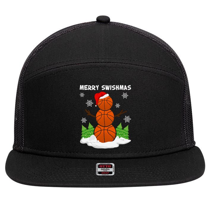Merry Swishmas Ugly Sweater Basketball Christmas Snowman Basketball Character 7 Panel Mesh Trucker Snapback Hat