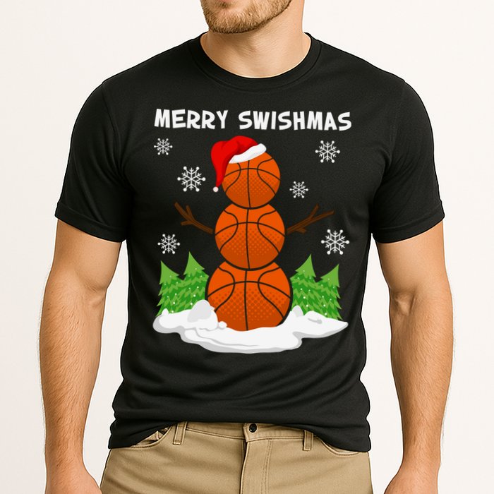 Merry Swishmas Ugly Sweater Basketball Christmas Snowman Basketball Character Cooling Performance Crew T-Shirt