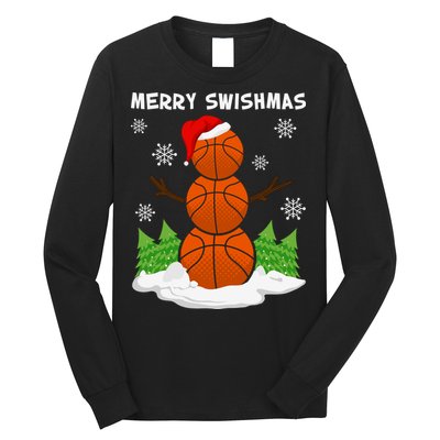 Merry Swishmas Ugly Sweater Basketball Christmas Snowman Basketball Character Long Sleeve Shirt