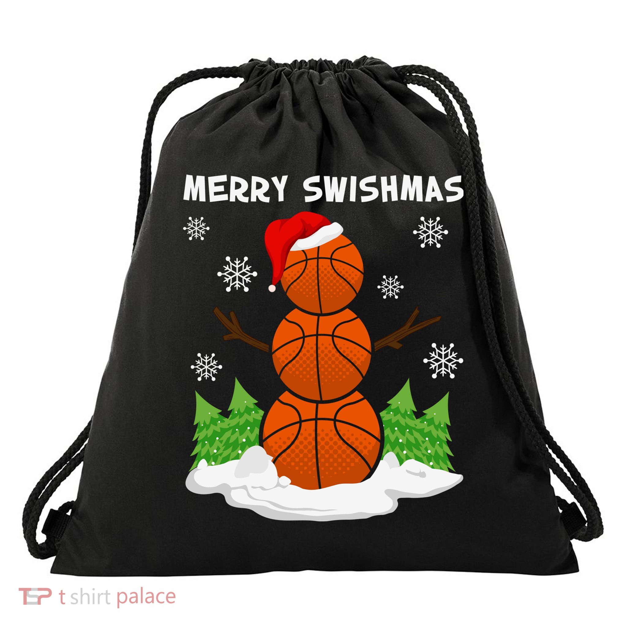 Merry Swishmas Ugly Sweater Basketball Christmas Snowman Basketball Character Drawstring Bag