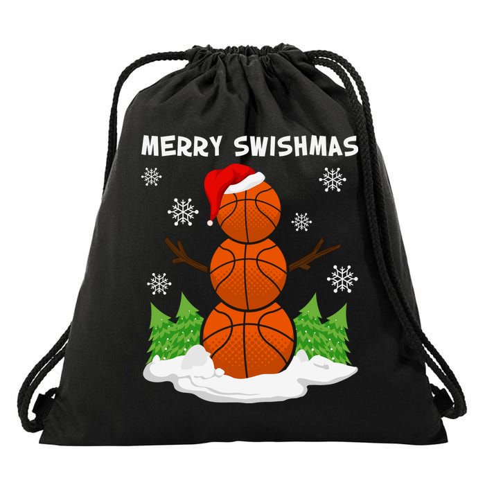 Merry Swishmas Ugly Sweater Basketball Christmas Snowman Basketball Character Drawstring Bag