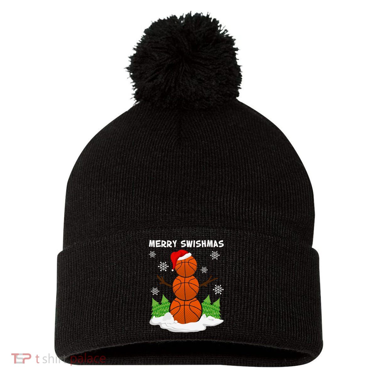 Merry Swishmas Ugly Sweater Basketball Christmas Snowman Basketball Character Pom Pom 12in Knit Beanie