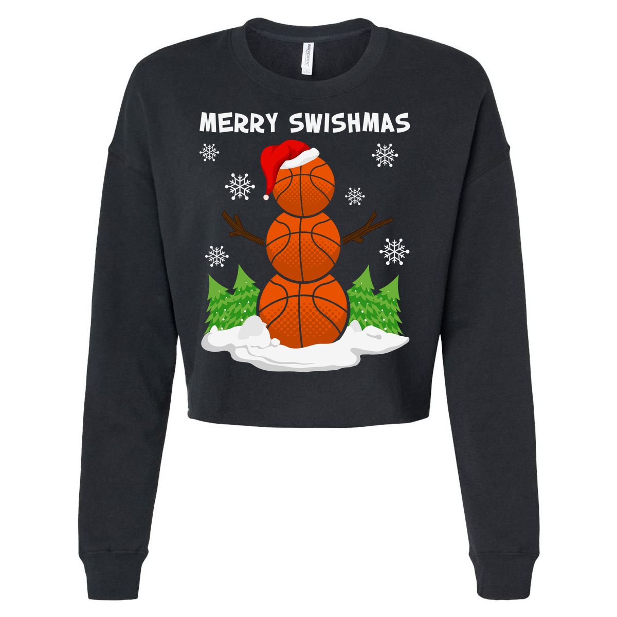 Merry Swishmas Ugly Sweater Basketball Christmas Snowman Basketball Character Cropped Pullover Crew