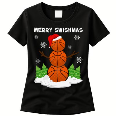 Merry Swishmas Ugly Sweater Basketball Christmas Snowman Basketball Character Womens T-Shirt