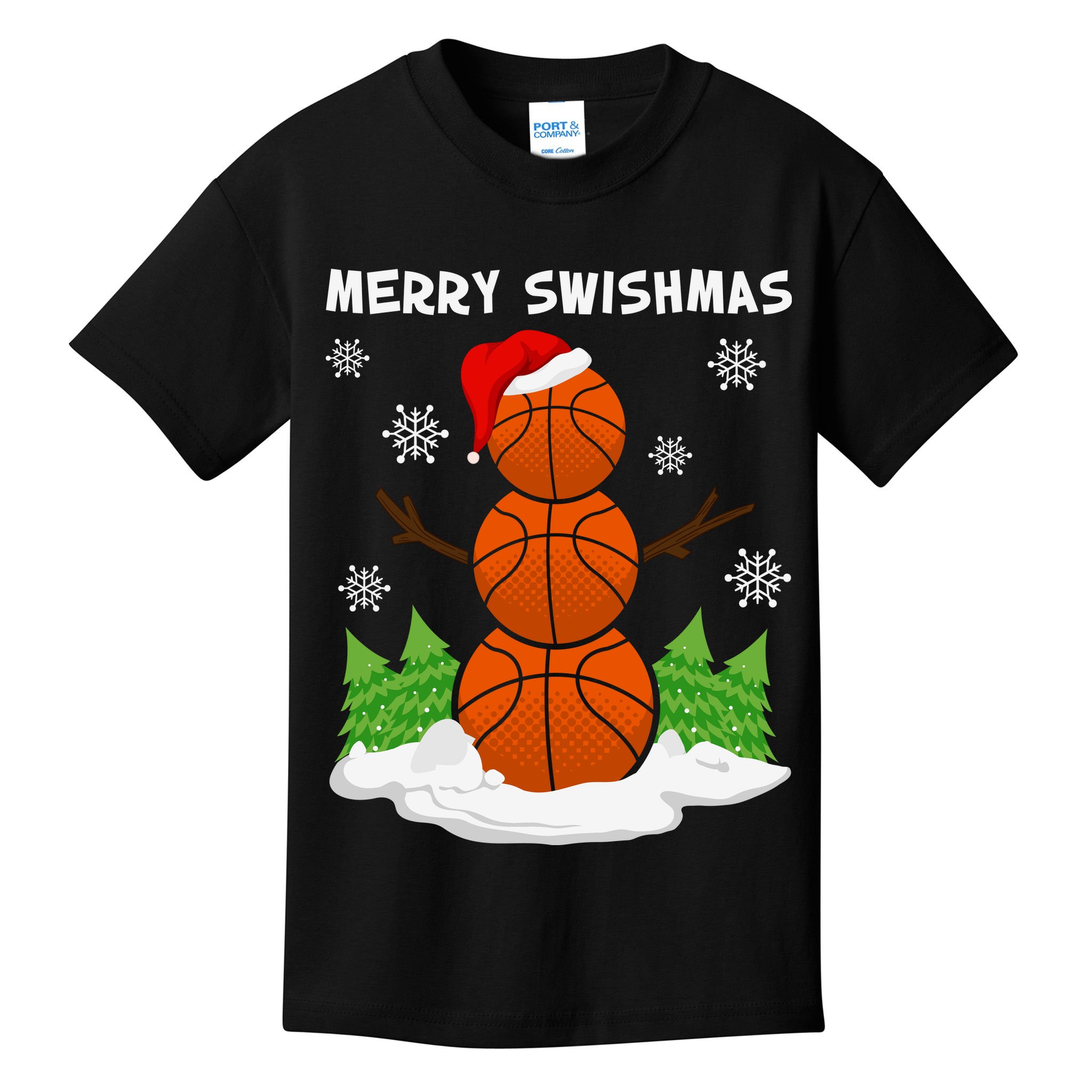 Merry Swishmas Ugly Sweater Basketball Christmas Snowman Basketball Character Kids T-Shirt
