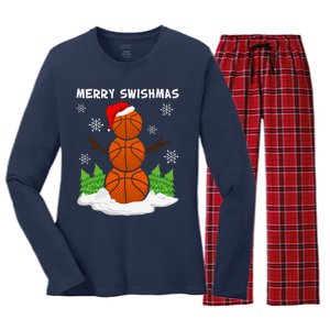 Merry Swishmas Ugly Sweater Basketball Christmas Snowman Basketball Character Women's Long Sleeve Flannel Pajama Set 