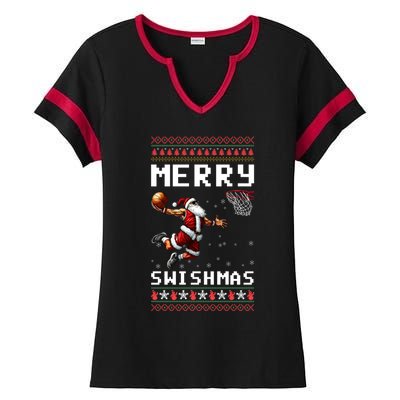 Merry Swishmas Ugly Christmas Funny Basketball Xmas Cool Gift Ladies Halftime Notch Neck Tee