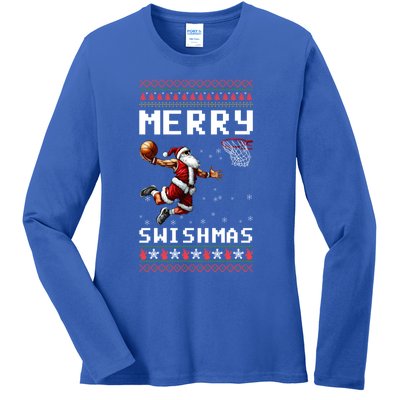 Merry Swishmas Ugly Christmas Funny Basketball Xmas Cool Gift Ladies Long Sleeve Shirt