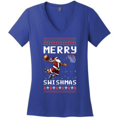 Merry Swishmas Ugly Christmas Funny Basketball Xmas Cool Gift Women's V-Neck T-Shirt