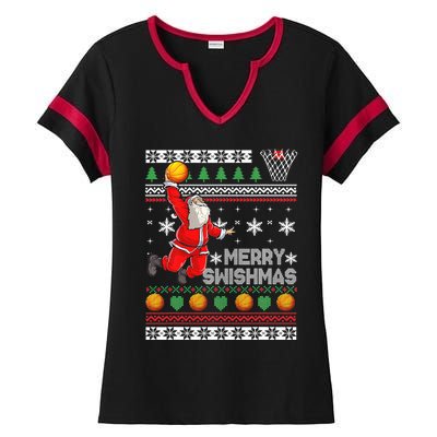 Merry Swishmas Ugly Christmas Basketball Christmas  Ladies Halftime Notch Neck Tee