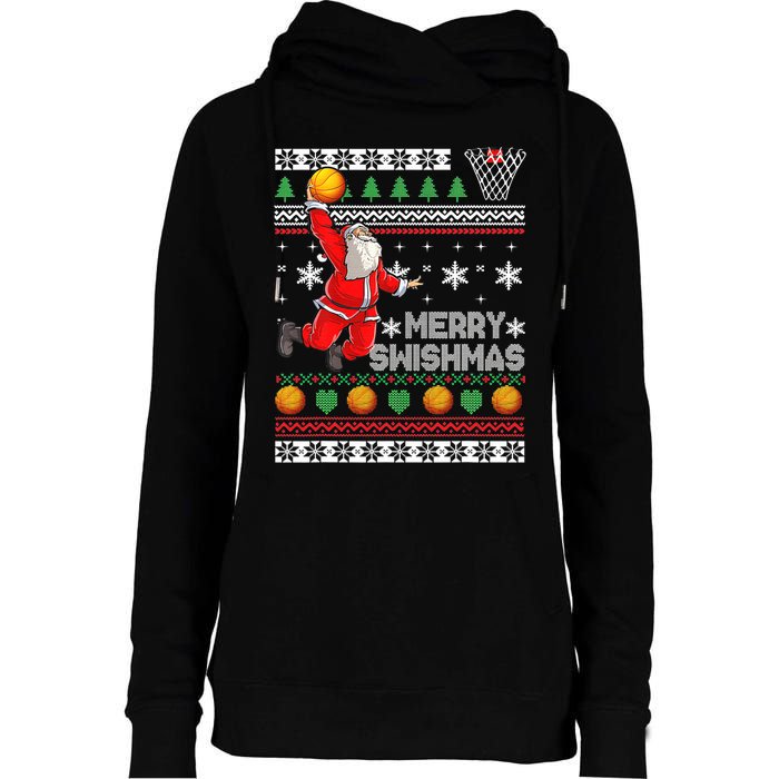 Merry Swishmas Ugly Christmas Basketball Christmas  Womens Funnel Neck Pullover Hood