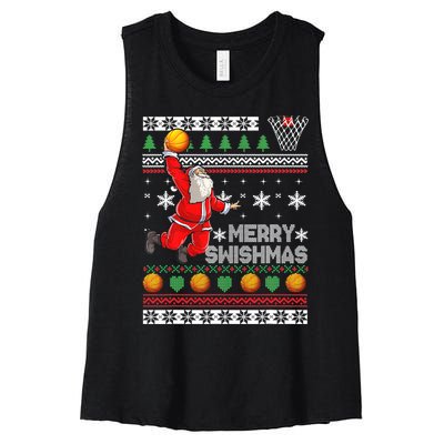 Merry Swishmas Ugly Christmas Basketball Christmas  Women's Racerback Cropped Tank