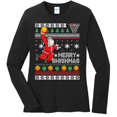 Merry Swishmas Ugly Christmas Basketball Christmas  Ladies Long Sleeve Shirt