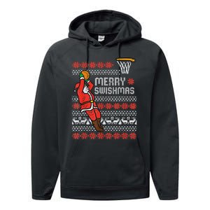 Merry Swishmas Ugly Christmas Sweater Basketball Pajamas Performance Fleece Hoodie