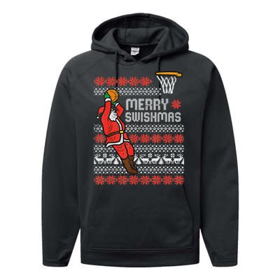 Merry Swishmas Ugly Christmas Sweater Basketball Pajamas Performance Fleece Hoodie