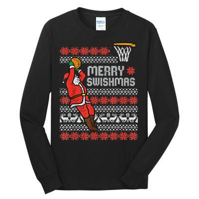 Merry Swishmas Ugly Christmas Sweater Basketball Pajamas Tall Long Sleeve T-Shirt