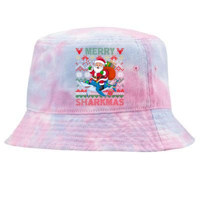 Merry Sharkmas Ugly Christmas Shark Lights Santa Hat Tree Gift Tie-Dyed Bucket Hat