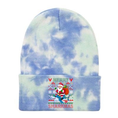 Merry Sharkmas Ugly Christmas Shark Lights Santa Hat Tree Gift Tie Dye 12in Knit Beanie