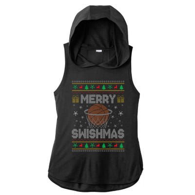 Merry Swishmas Ugly Christmas Sweater Basketball Christmas Gift Ladies PosiCharge Tri-Blend Wicking Draft Hoodie Tank