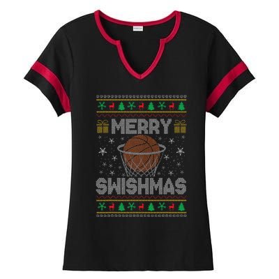 Merry Swishmas Ugly Christmas Sweater Basketball Christmas Gift Ladies Halftime Notch Neck Tee