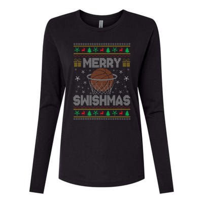 Merry Swishmas Ugly Christmas Sweater Basketball Christmas Gift Womens Cotton Relaxed Long Sleeve T-Shirt