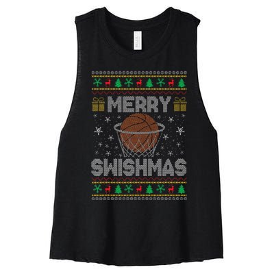 Merry Swishmas Ugly Christmas Sweater Basketball Christmas Gift Women's Racerback Cropped Tank