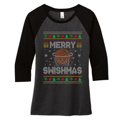 Merry Swishmas Ugly Christmas Sweater Basketball Christmas Gift Women's Tri-Blend 3/4-Sleeve Raglan Shirt