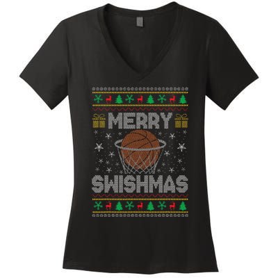 Merry Swishmas Ugly Christmas Sweater Basketball Christmas Gift Women's V-Neck T-Shirt