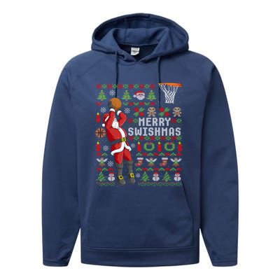 Merry Swishmas Ugly Christmas Basketball Christmas Gift Performance Fleece Hoodie