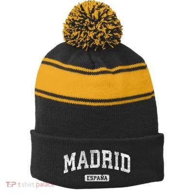Madrid Spain Vintage Sports Design Stripe Pom Pom Beanie
