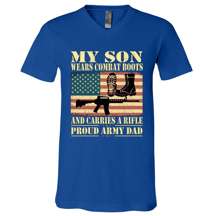 My Son Wears Combat Boots Gift Proud Army Dad Military Father Gift V-Neck T-Shirt