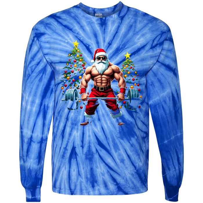 Muscle Santa Weightlifter Christmas Powerlifting Xmas Gym Gift Tie-Dye Long Sleeve Shirt