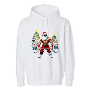 Muscle Santa Weightlifter Christmas Powerlifting Xmas Gym Gift Garment-Dyed Fleece Hoodie