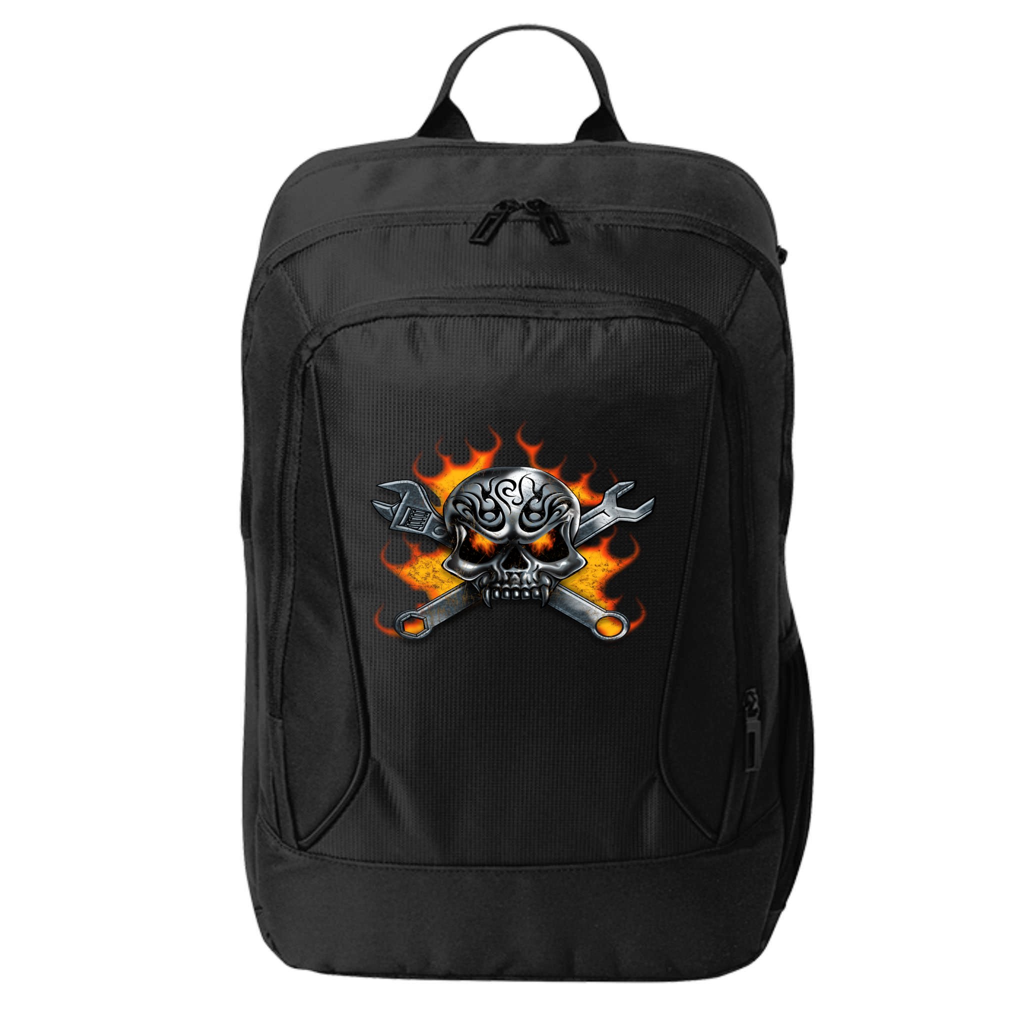 Metal Skull Wrench Flames Mechanic Funny Gift City Backpack