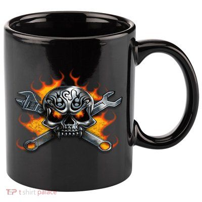 Metal Skull Wrench Flames Mechanic Funny Gift 11oz C Handle Ceramic Mug