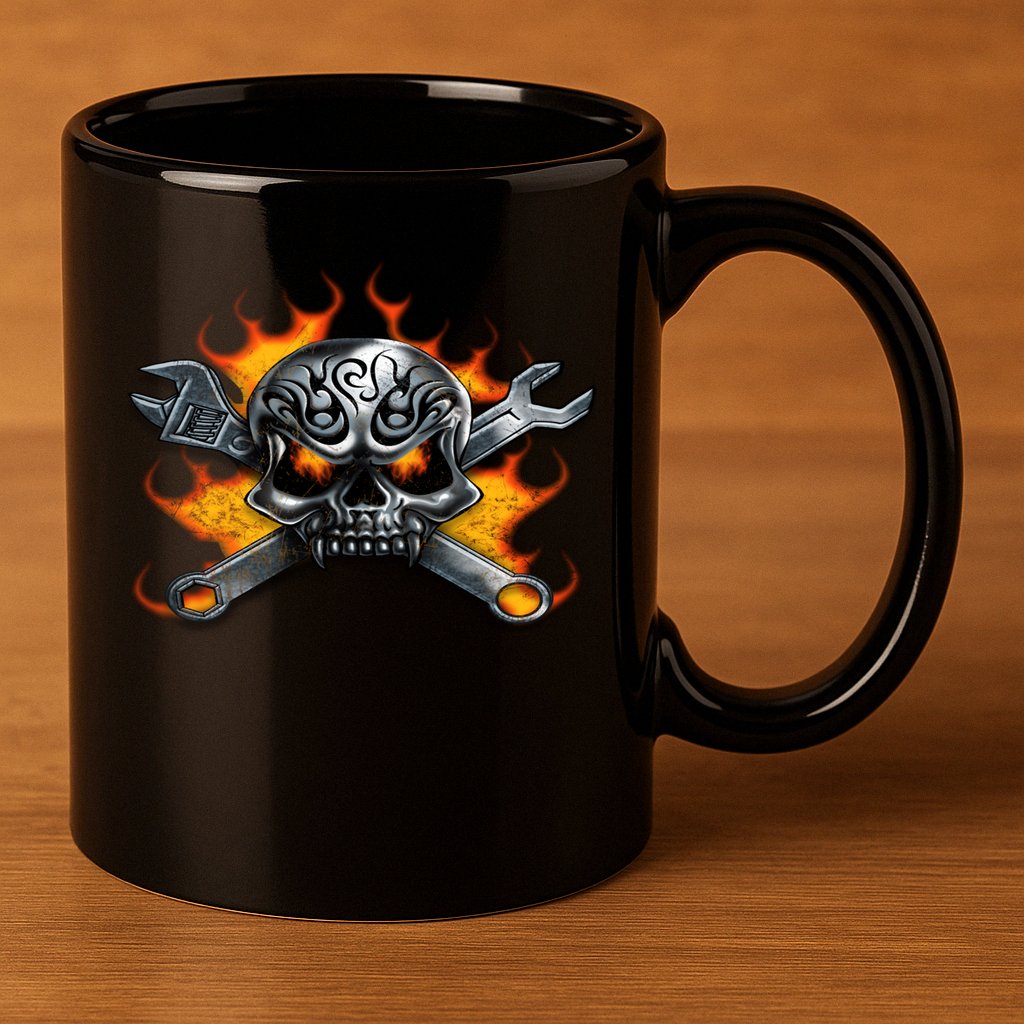 Metal Skull Wrench Flames Mechanic Funny Gift 11oz C Handle Ceramic Mug