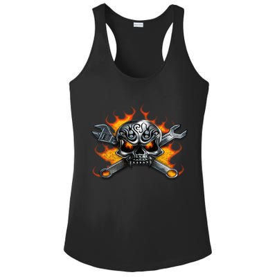 Metal Skull Wrench Flames Mechanic Funny Gift Ladies PosiCharge Competitor Racerback Tank