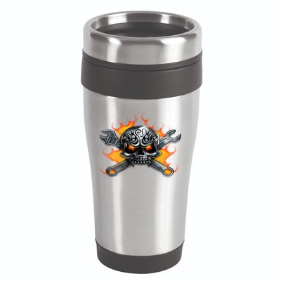 Metal Skull Wrench Flames Mechanic Funny Gift 16oz Travel Tumbler