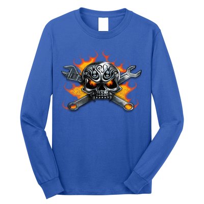 Metal Skull Wrench Flames Mechanic Funny Gift Long Sleeve Shirt