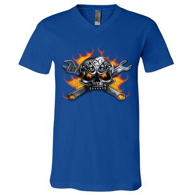 Metal Skull Wrench Flames Mechanic Funny Gift V-Neck T-Shirt