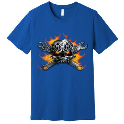 Metal Skull Wrench Flames Mechanic Funny Gift Premium T-Shirt