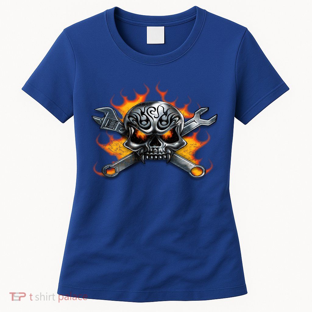 Metal Skull Wrench Flames Mechanic Funny Gift Womens T-Shirt