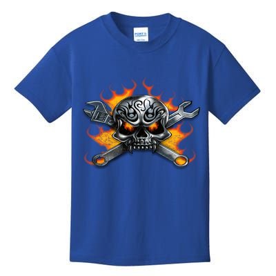 Metal Skull Wrench Flames Mechanic Funny Gift Kids T-Shirt