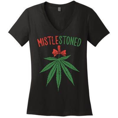 Mistlestoned Shirts Weed Stoner Christmas Gift Marijuana 420 Women's V-Neck T-Shirt