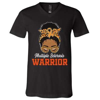 Multiple Sclerosis Warrior Messy Bun Ms Orange Ribbon V-Neck T-Shirt