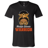 Multiple Sclerosis Warrior Messy Bun Ms Orange Ribbon V-Neck T-Shirt
